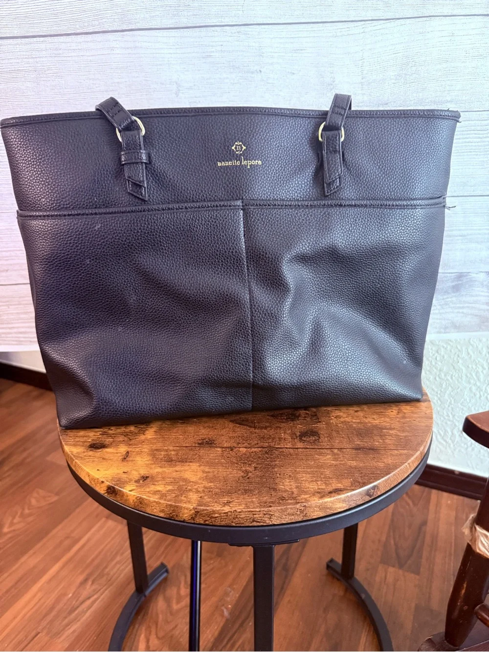 Nanette Lepore Black Pebbled Tote with Gold Logo